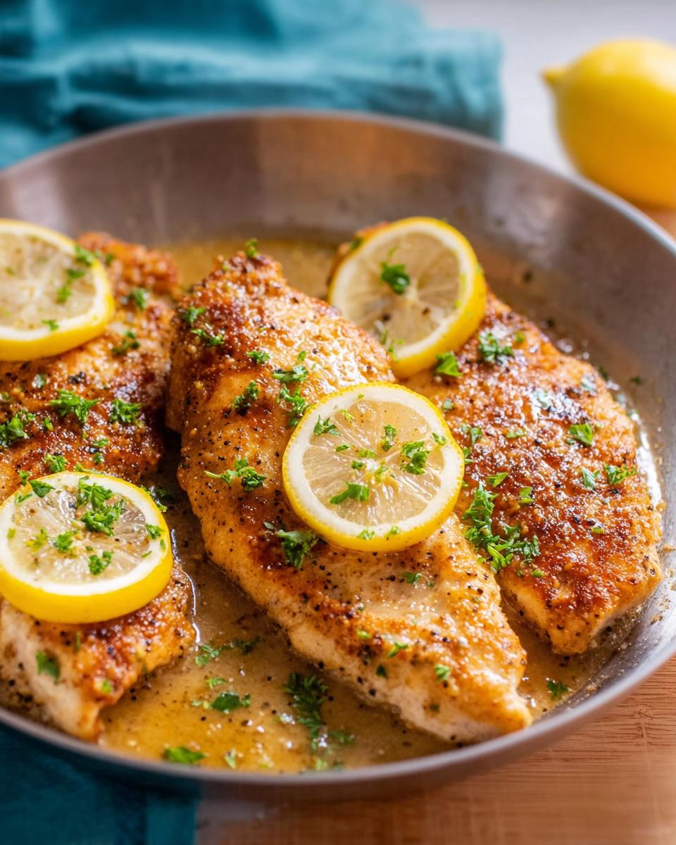 Close-up of pan-seared lemon herb chicken breasts garnished with fresh parsley and lemon slices, part of healthy meals recipes.