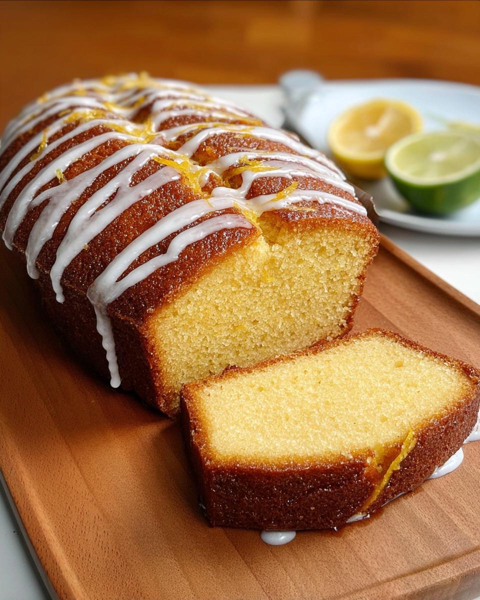 A slice of moist lemon loaf cake with white icing and citrus zest, perfect for cake ideas recipes.