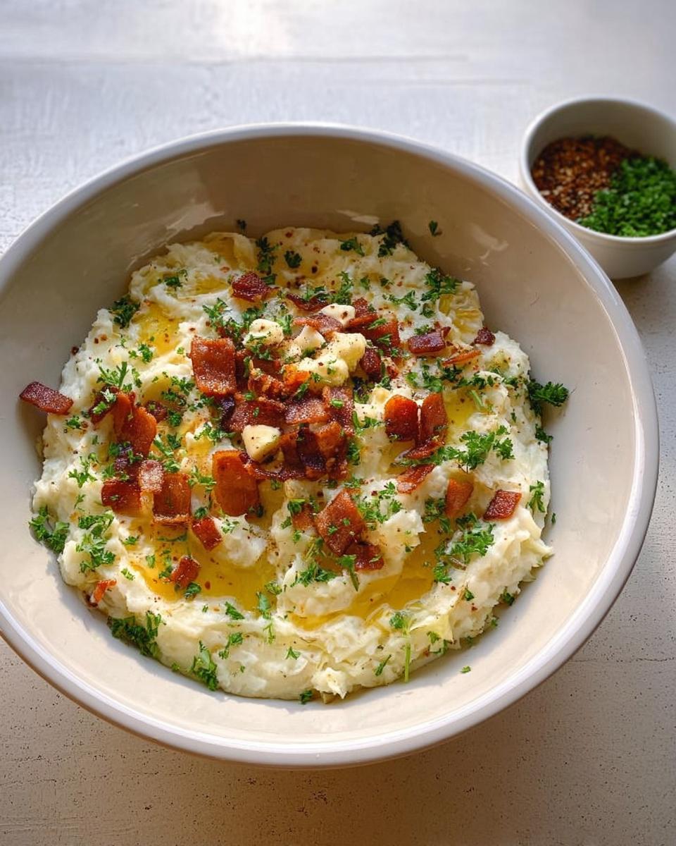 A bowl of creamy mashed potatoes topped with crispy bacon bits, fresh parsley, and a drizzle of butter. A side dish of herbs and spices is visible.