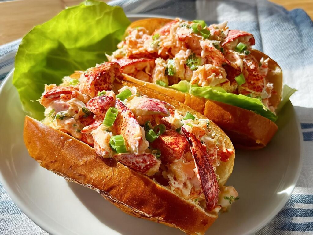 Two lobster roll sandwiches filled with fresh lobster salad and green onions, part of The Ultimate Sandwich Ideas Recipes Guide.