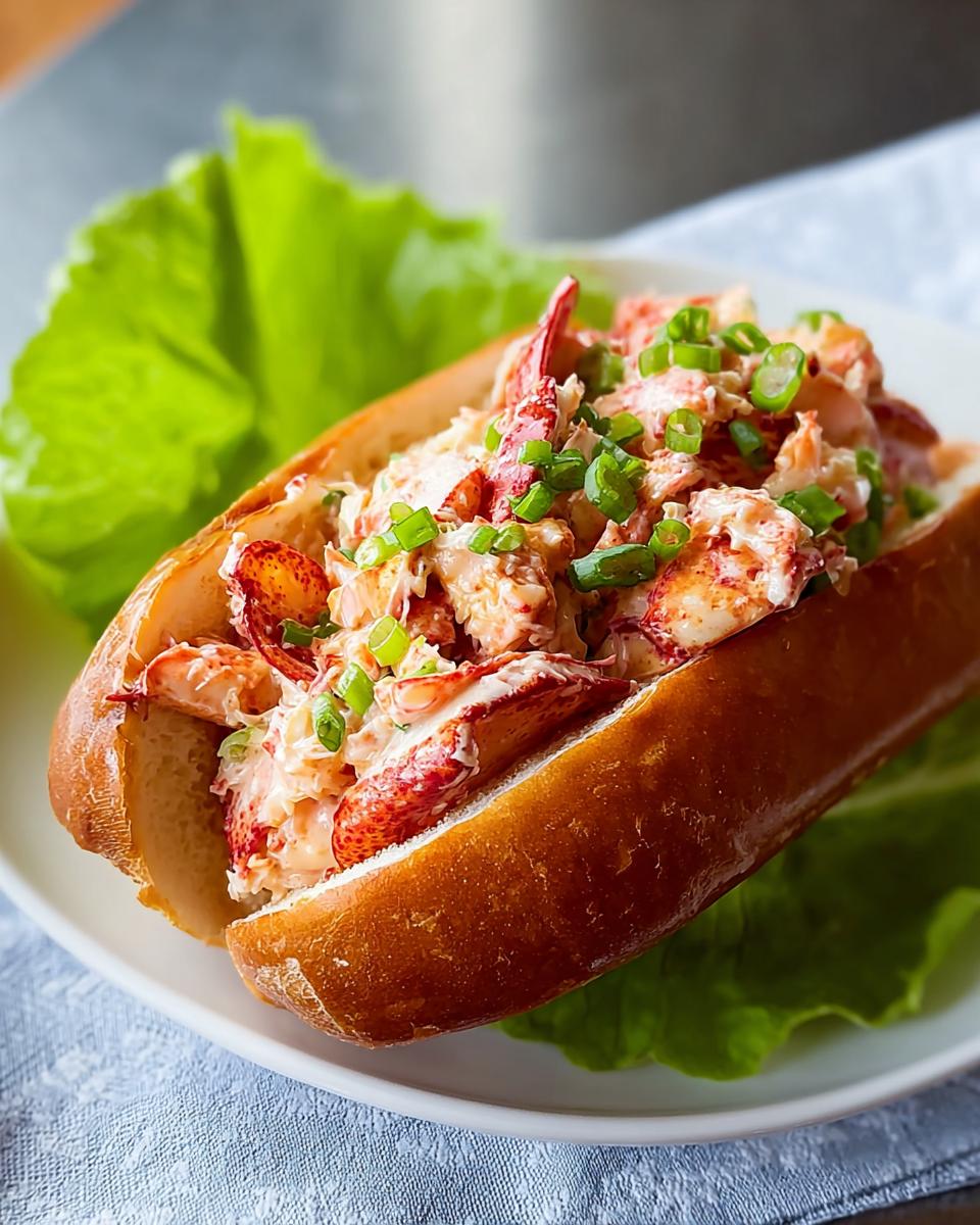 A close-up of a lobster roll sandwich, filled with fresh lobster meat and green onions, served on a lettuce leaf.