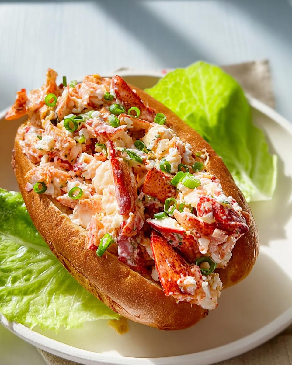 A close-up of a lobster roll sandwich, overflowing with fresh lobster meat and garnished with green onions.