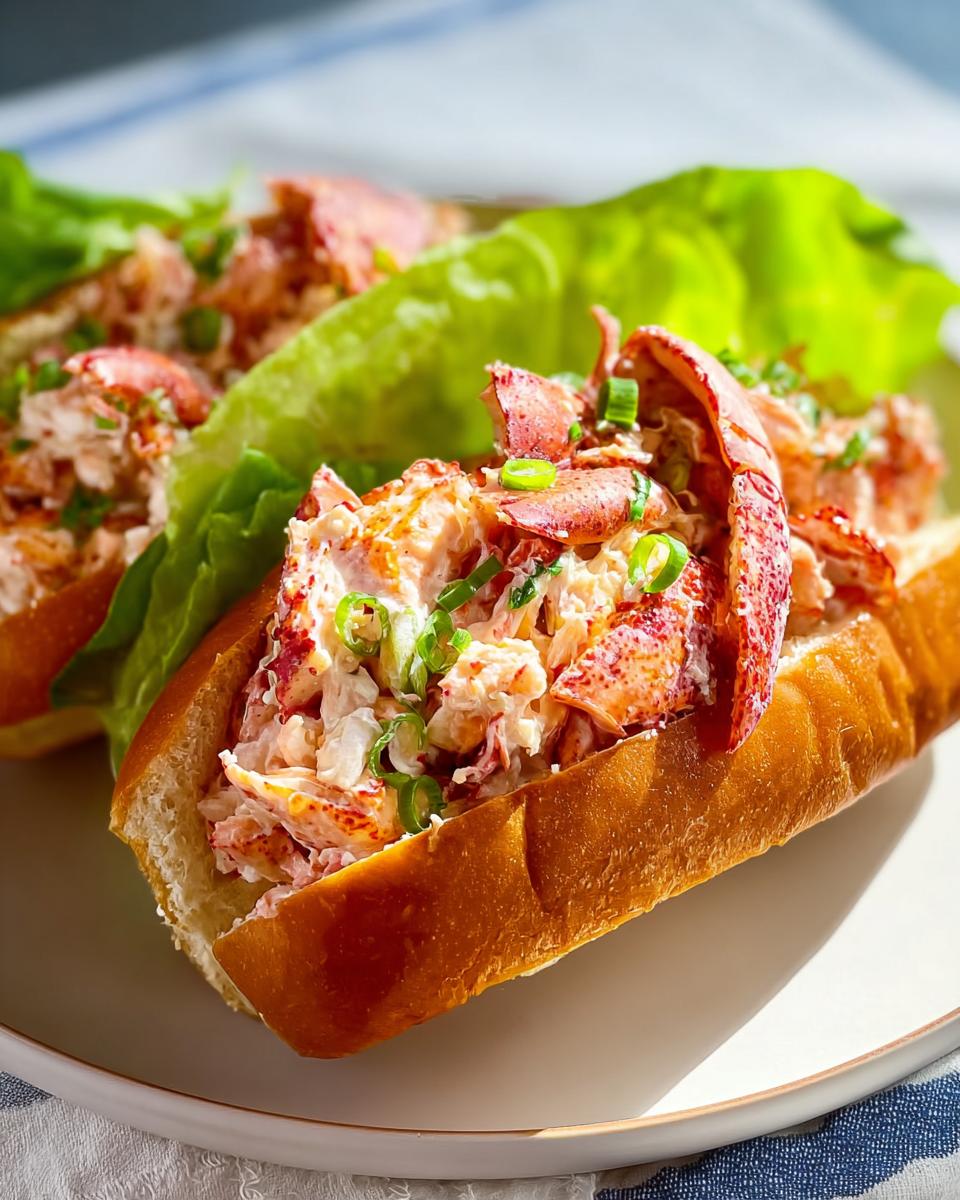 A close-up of two lobster roll sandwiches, filled with lobster salad and topped with green onions, served on a plate.