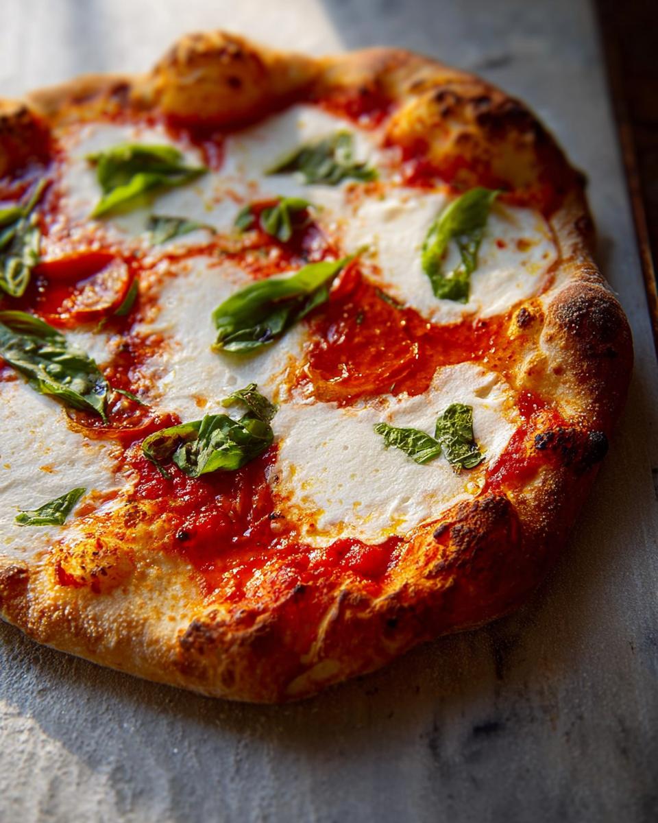 Close-up of a fresh Margherita pizza with melted mozzarella, tomato sauce, and basil leaves, perfect for pizza night.