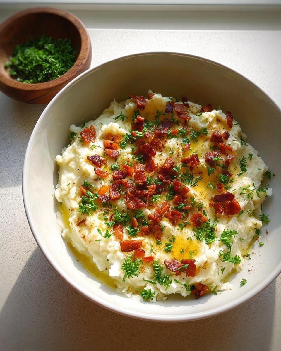 A bowl of creamy mashed potatoes topped with crispy bacon bits, fresh parsley, and melted butter. A side of chopped parsley is in a wooden bowl.