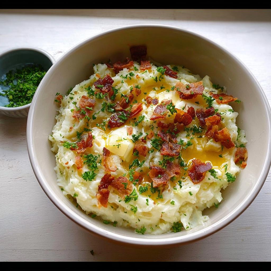 A bowl of fluffy mashed potatoes topped with crispy bacon bits, fresh parsley, and melted butter.