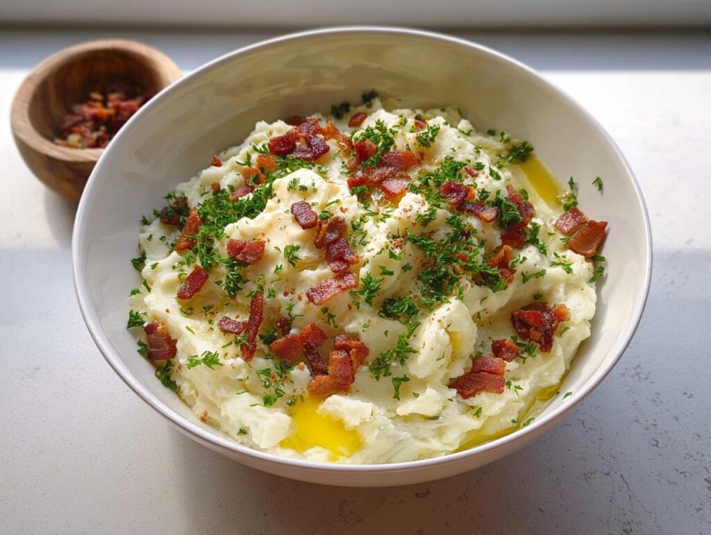 A bowl of fluffy mashed potatoes topped with crispy bacon bits, fresh parsley, and melted butter. A side dish for busy weeknights.