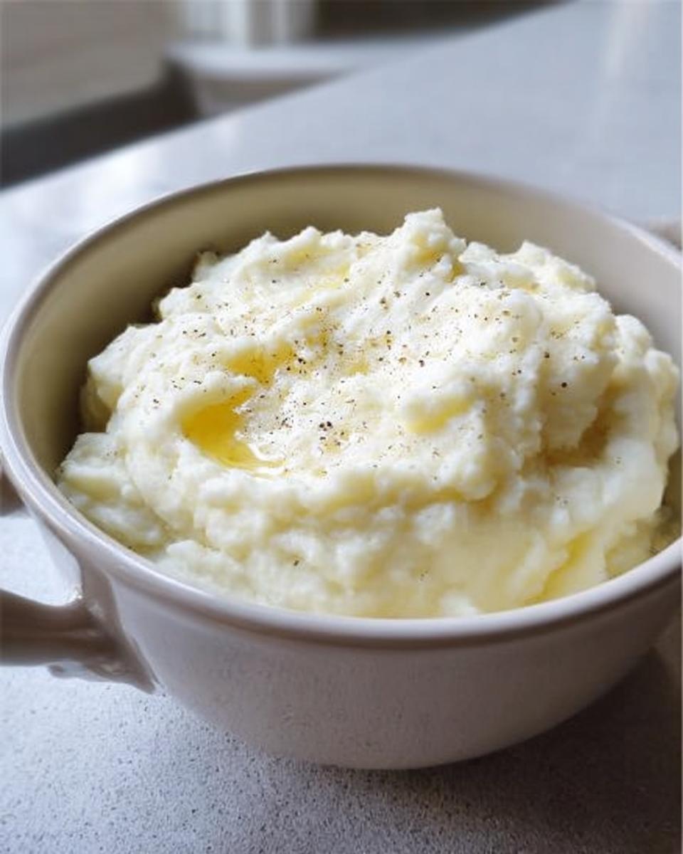A close-up of creamy mashed potatoes in a bowl, topped with melted butter and black pepper, perfect for mashed potatoes recipes meal prep.