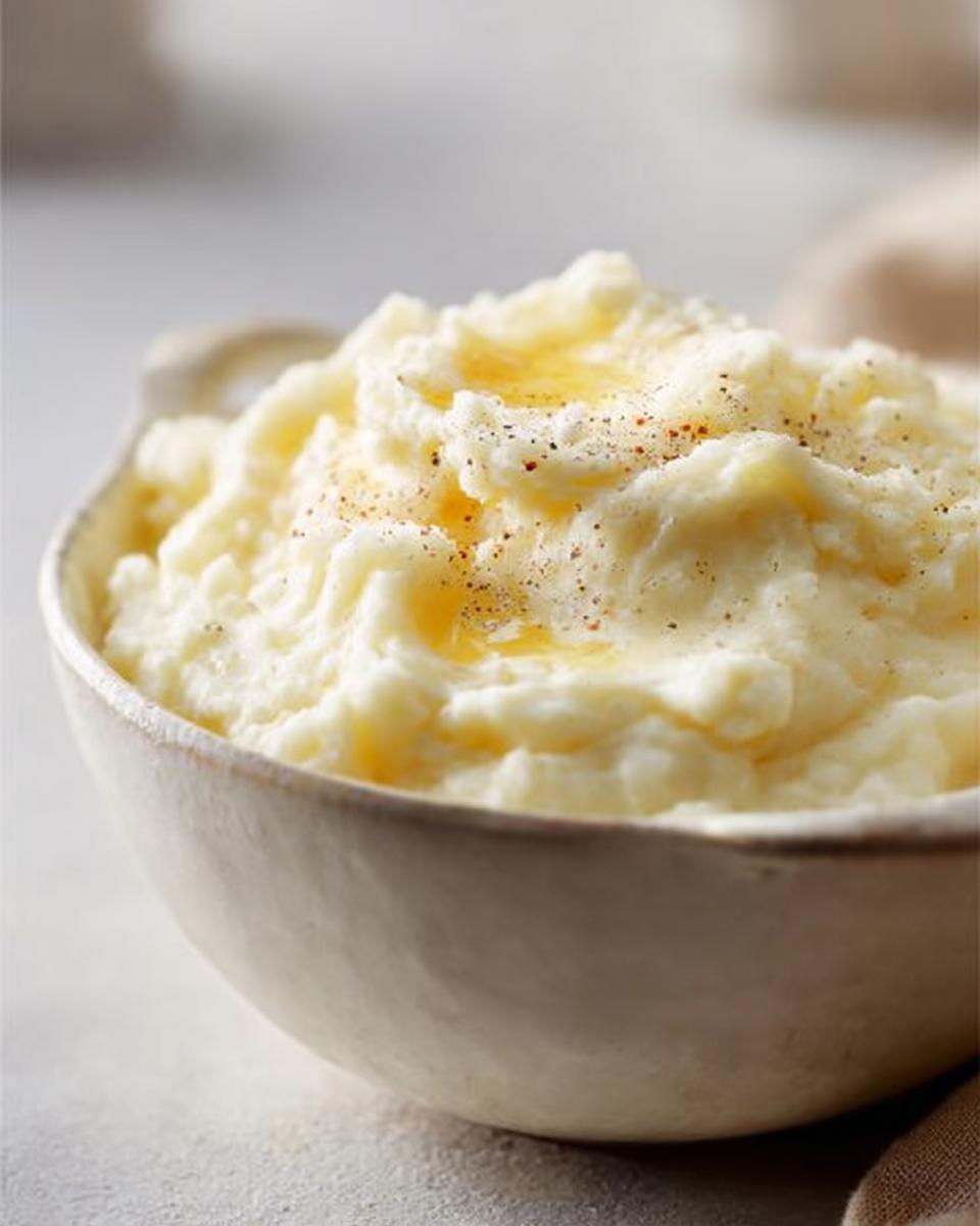 A close-up of a bowl of creamy mashed potatoes, topped with melted butter and a sprinkle of pepper. Perfect for meal prep.