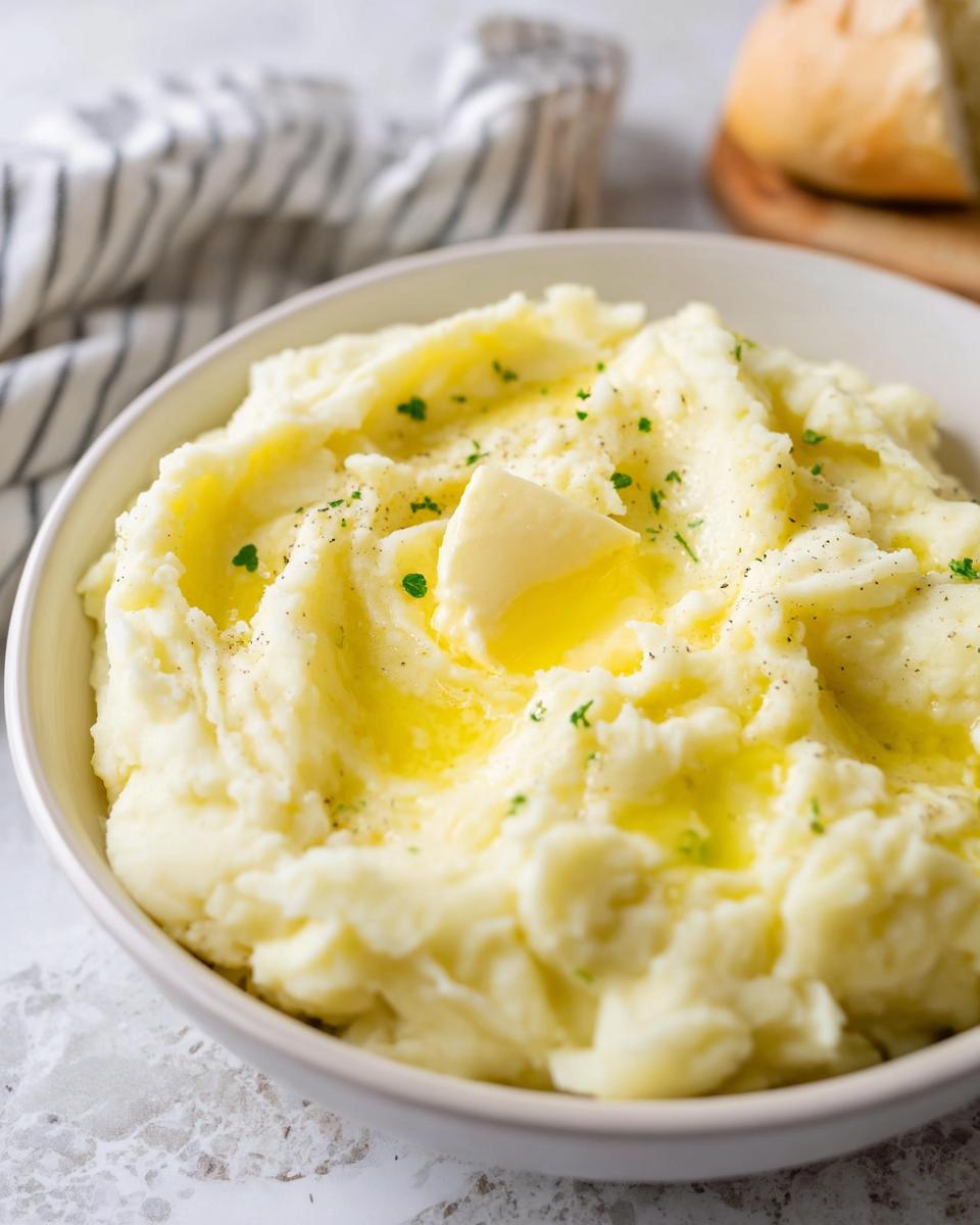 A bowl of creamy mashed potatoes topped with butter, black pepper, and parsley. This is a Mashed Potatoes Recipe in 20 Minutes.
