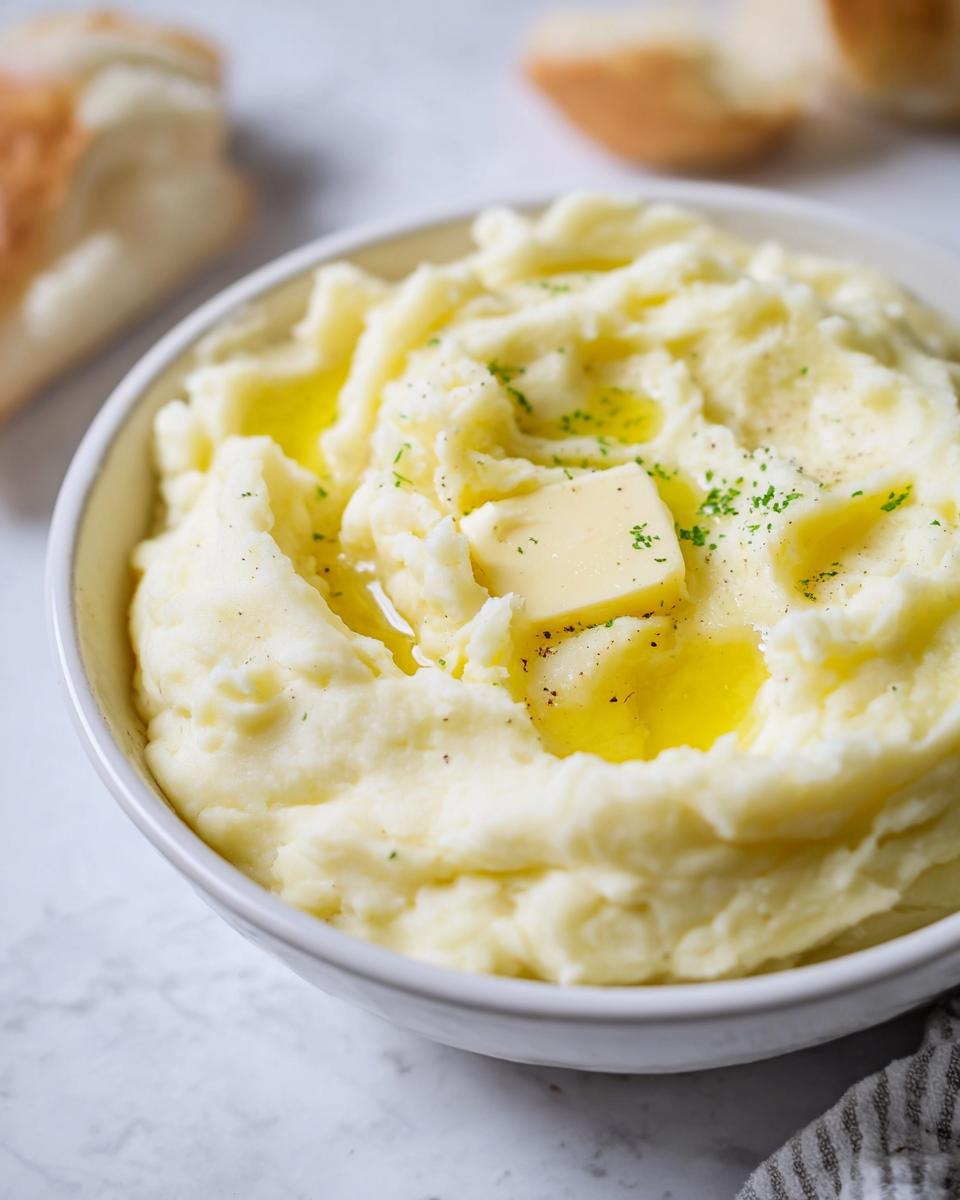 Close-up of creamy mashed potatoes with melted butter and parsley, a quick and easy mashed potatoes recipe.