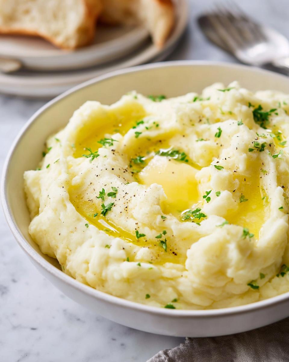 A close-up of a bowl of fluffy mashed potatoes topped with melted butter, black pepper, and fresh parsley.