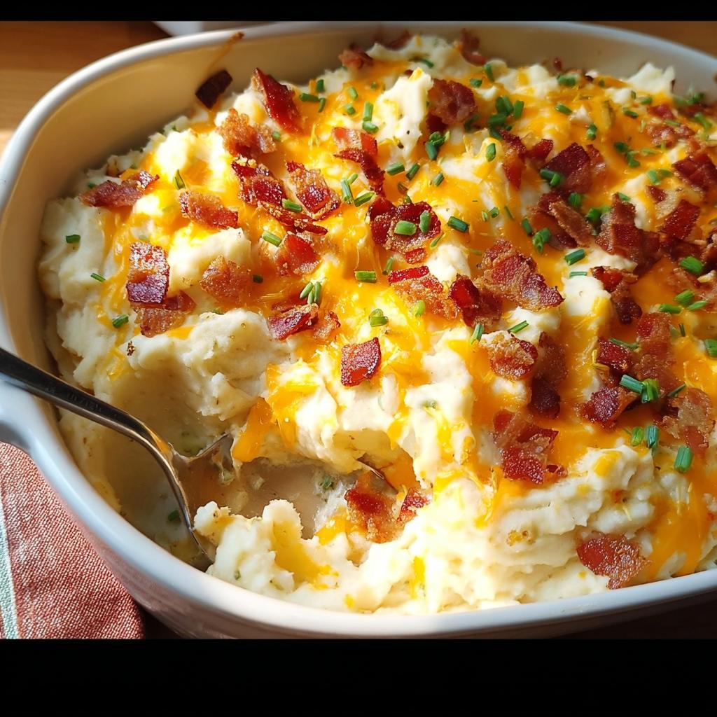A close-up of creamy mashed potatoes recipe topped with melted cheddar cheese, crispy bacon bits, and fresh chives.