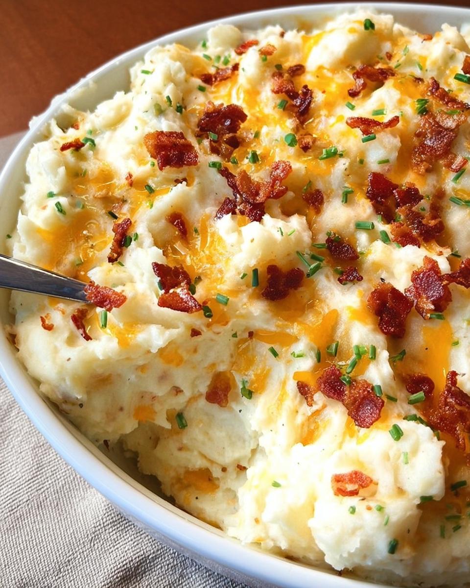 Close-up of creamy mashed potatoes recipe topped with crispy bacon bits, shredded cheddar cheese, and fresh chives.