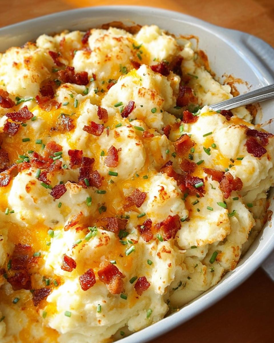 Close-up of creamy mashed potatoes topped with melted cheddar cheese, crispy bacon bits, and fresh chives.