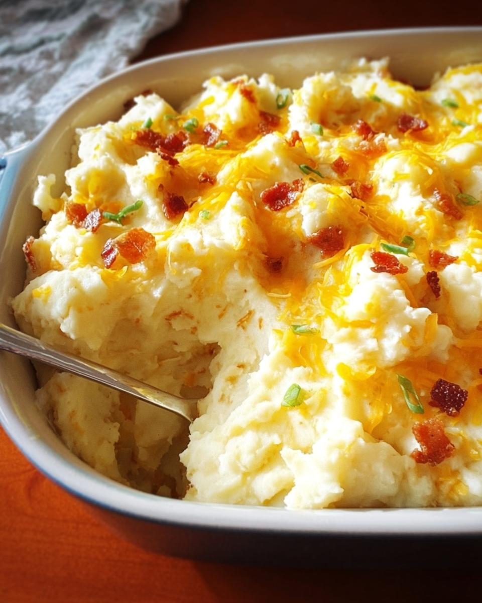 A close-up of creamy mashed potatoes topped with shredded cheddar cheese, crispy bacon bits, and chopped green onions.