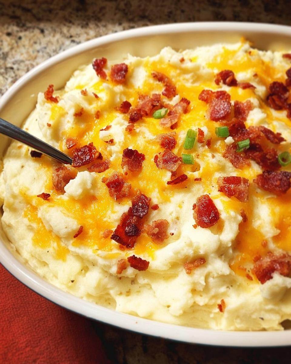 Close-up of creamy mashed potatoes recipe topped with melted cheddar cheese, crispy bacon bits, and chopped chives.