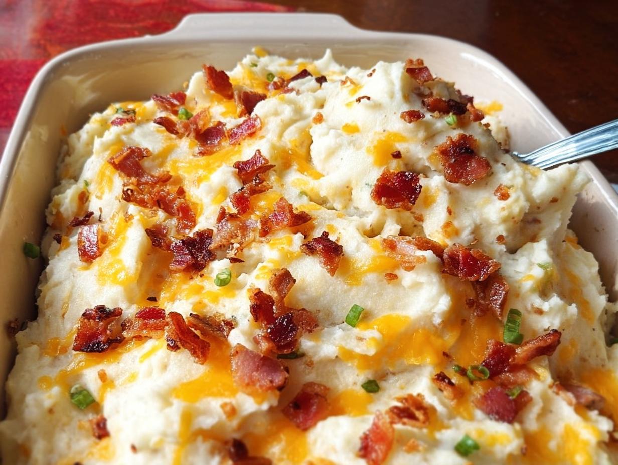 Close-up of creamy mashed potatoes topped with crispy bacon, melted cheddar cheese, and chopped chives.