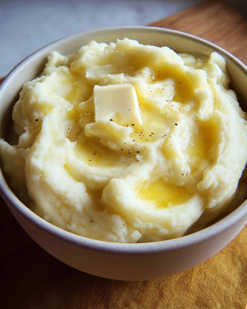 A close-up of creamy mashed potatoes topped with a pat of melting butter and cracked black pepper.