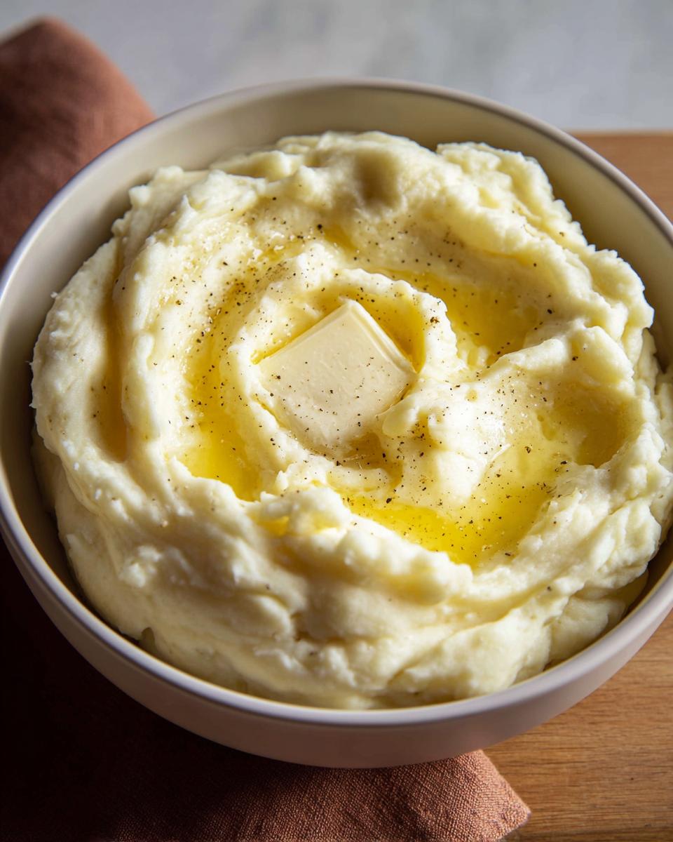 A close-up of creamy mashed potatoes topped with a pat of melting butter and black pepper. The Only Mashed Potatoes Recipes Recipe.
