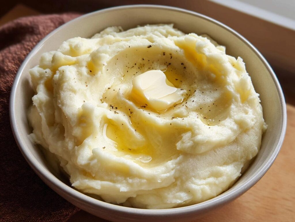 A close-up of creamy mashed potatoes topped with a pat of melting butter and cracked black pepper.