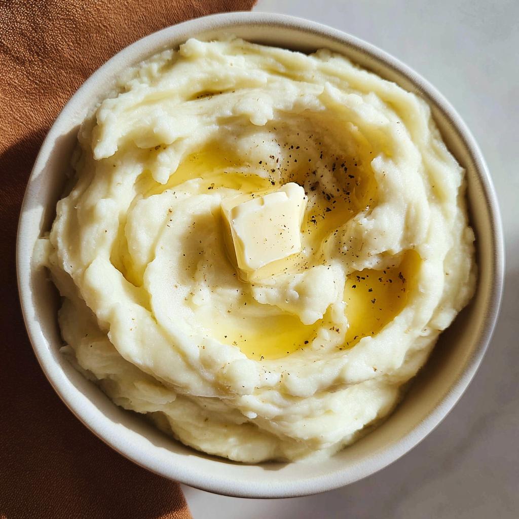 A close-up of creamy mashed potatoes topped with a pat of butter and cracked black pepper.