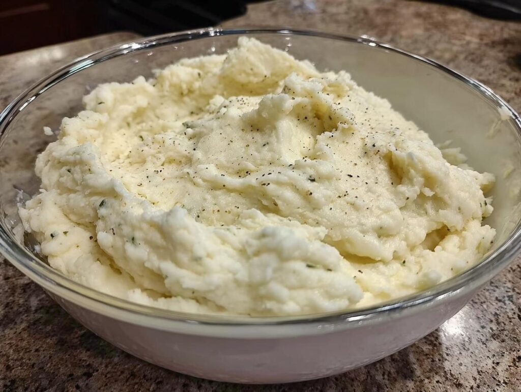 A close-up of a bowl filled with fluffy mashed potatoes, seasoned with black pepper and herbs.