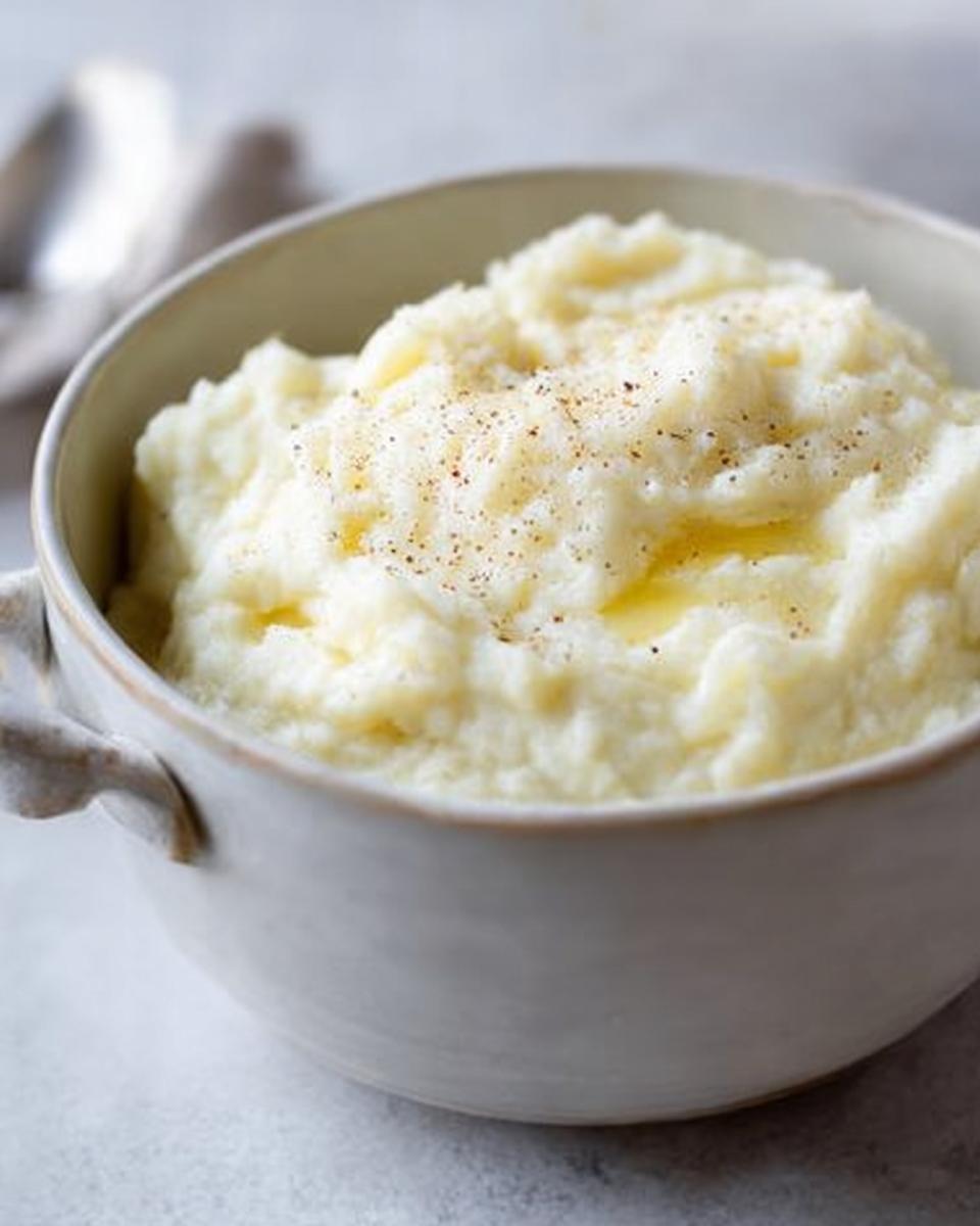 A bowl of creamy mashed potatoes, topped with melted butter and a sprinkle of pepper, perfect for meal prep.