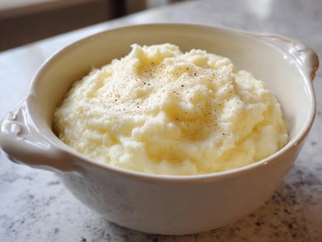 A bowl of creamy mashed potatoes, seasoned with pepper, perfect for meal prep.