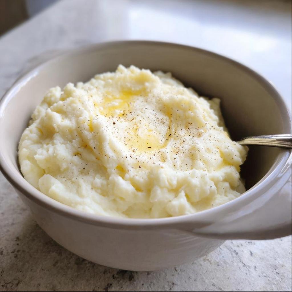 A bowl of creamy mashed potatoes with melted butter and black pepper, perfect for meal prep.
