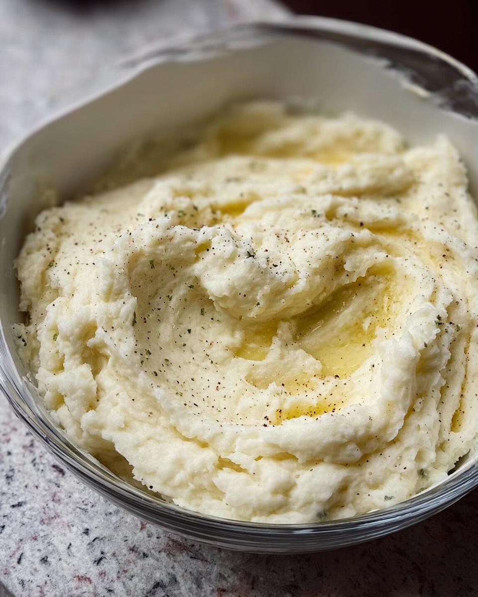 Close-up of creamy mashed potatoes with melted butter and sprinkled herbs and pepper.