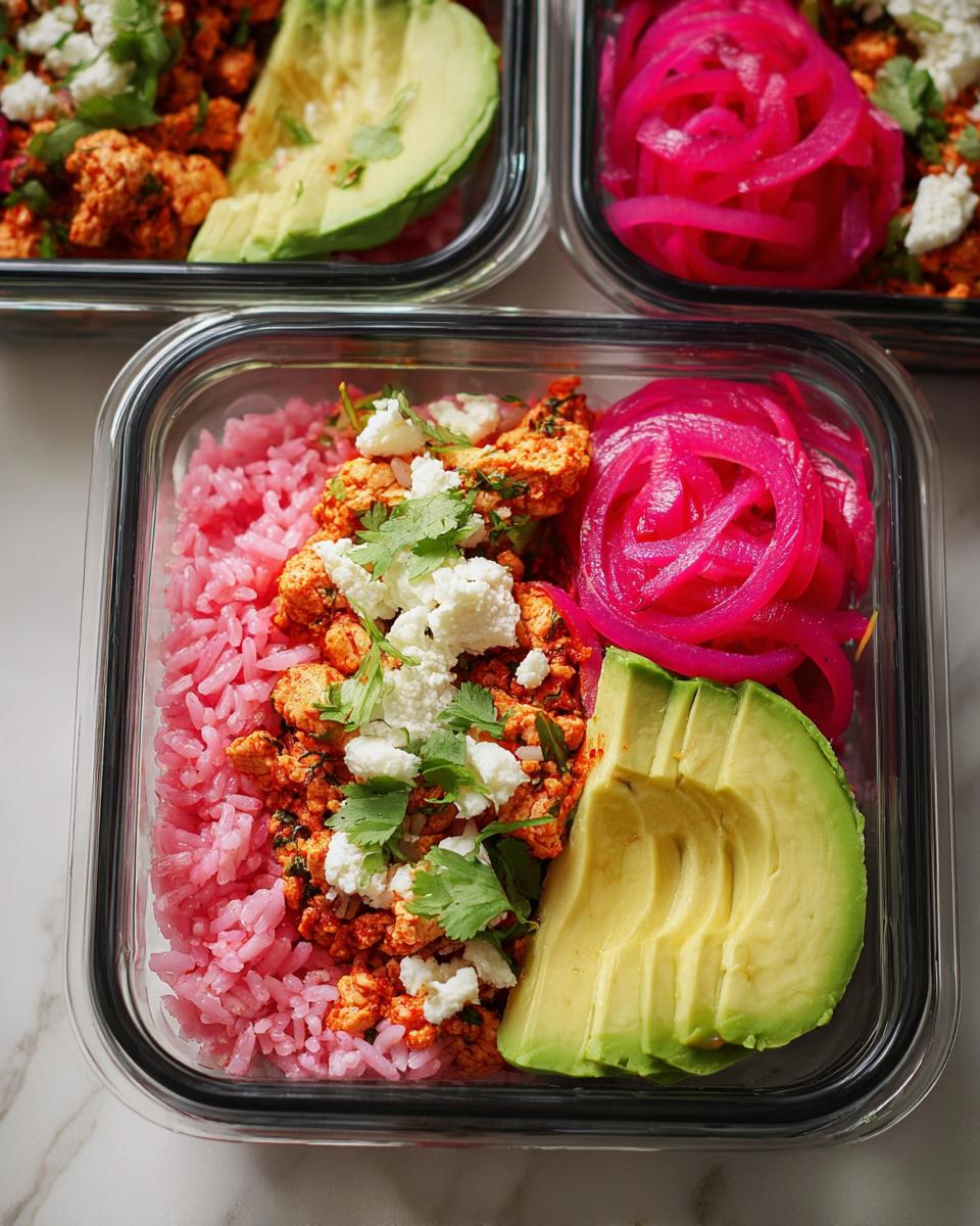 Close-up of a meal prep rice bowl featuring pink rice, seasoned tofu, avocado slices, pickled red onions, and crumbled feta.