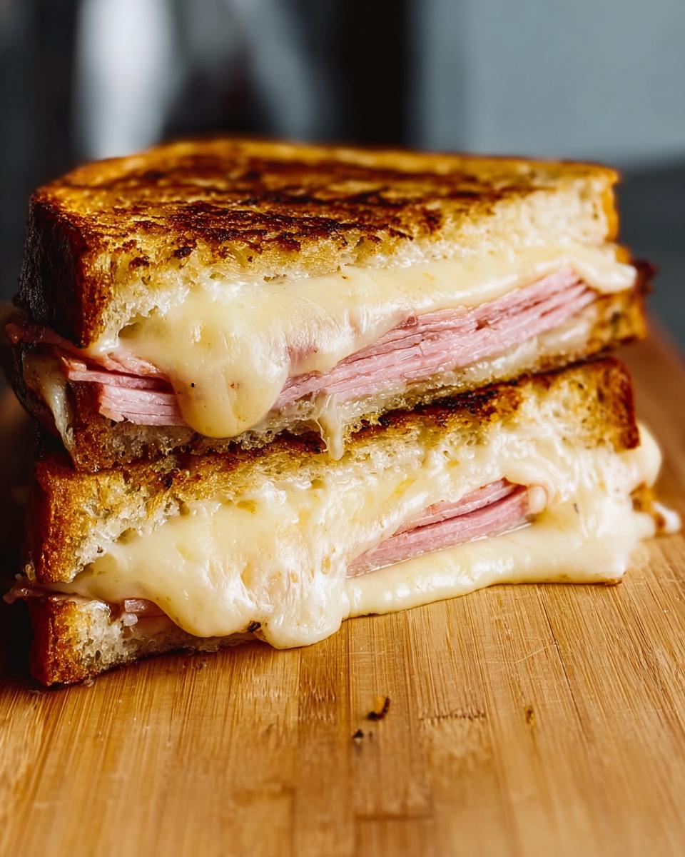 A close-up of a perfectly grilled ham and cheese sandwich with melted cheese oozing out, a great sandwich idea.