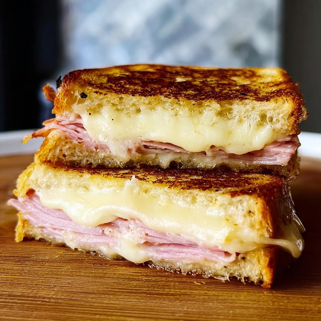 A close-up of a perfectly grilled ham and cheese sandwich, with melted cheese oozing out, showcasing sandwich ideas recipes.