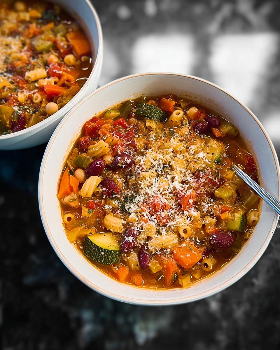 Two bowls of hearty minestrone soup recipes, filled with vegetables, pasta, beans, and topped with grated cheese.