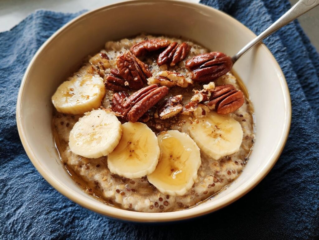 A bowl of oatmeal topped with sliced bananas, pecans, and drizzled with honey, perfect for busy weeknight breakfast ideas.