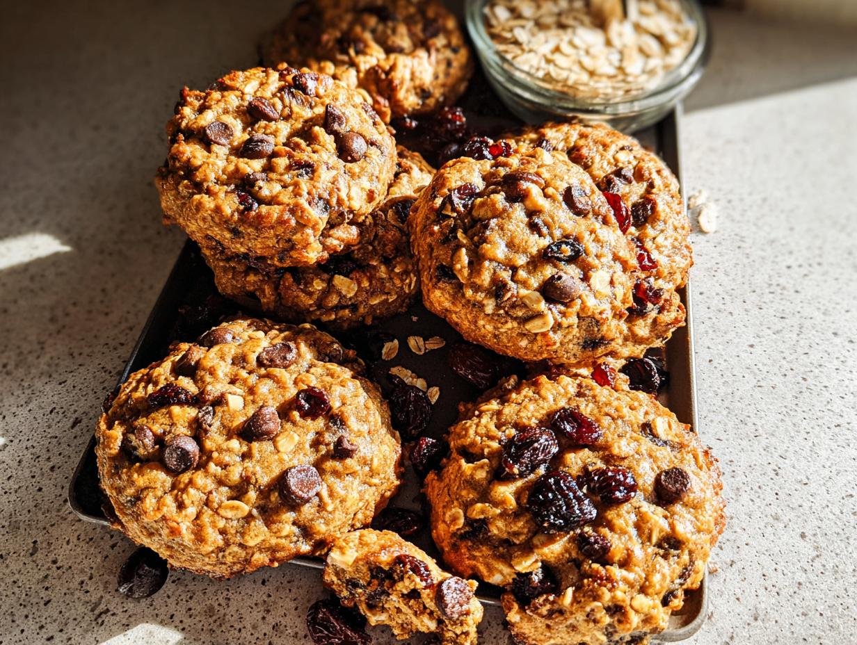 Close-up of healthy oatmeal chocolate chip and cranberry cookies, perfect for breakfast ideas recipes in 20 minutes.