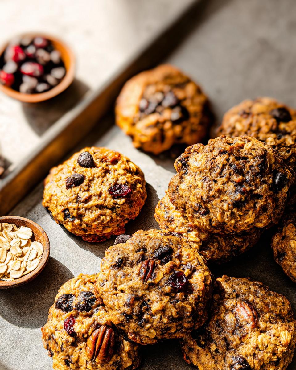 Close-up of hearty oatmeal cookies with cranberries and chocolate chips, perfect for quick breakfast ideas recipes.