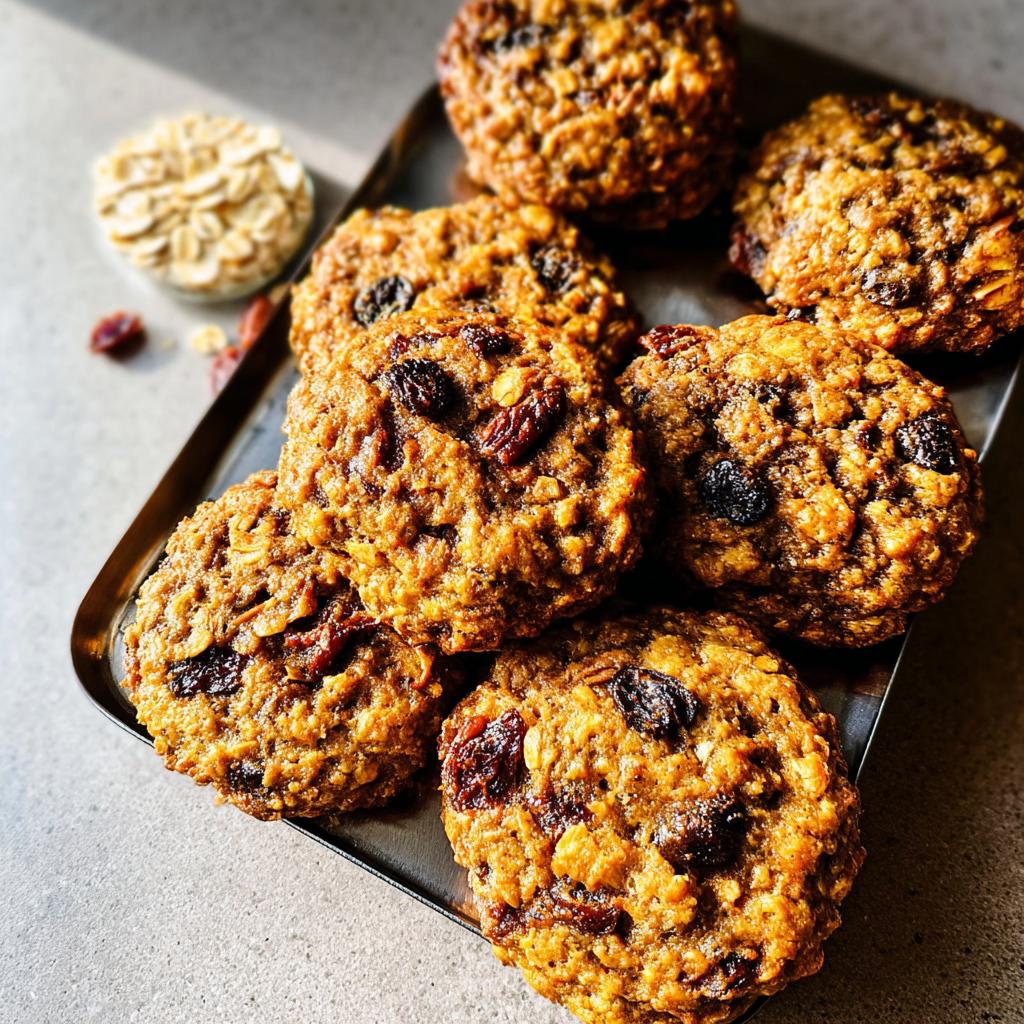 Close-up of golden brown oatmeal raisin cookies, perfect for quick breakfast ideas recipes in 20 minutes.