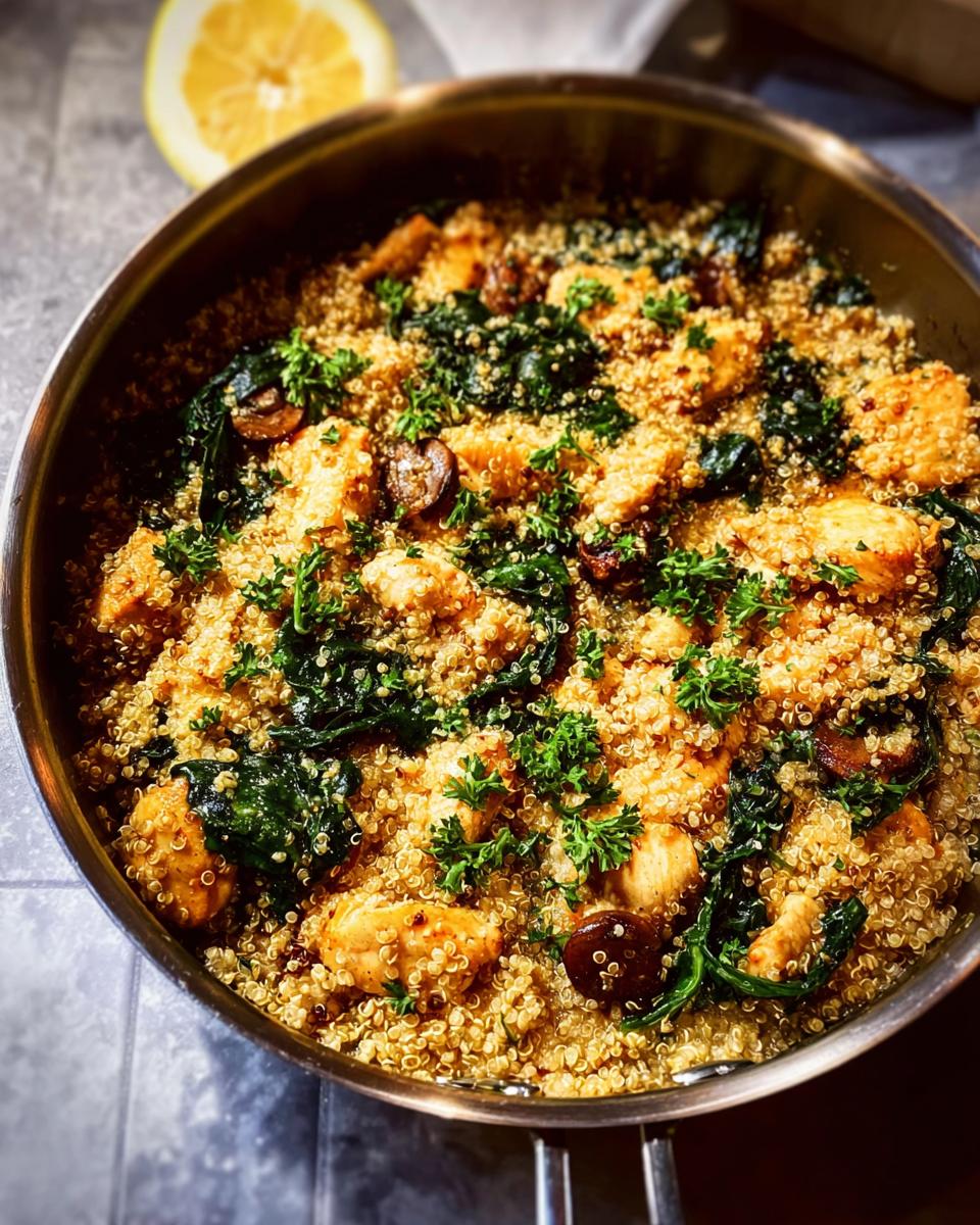 Close-up of a one-pan chicken and quinoa dish with mushrooms and kale, garnished with parsley.