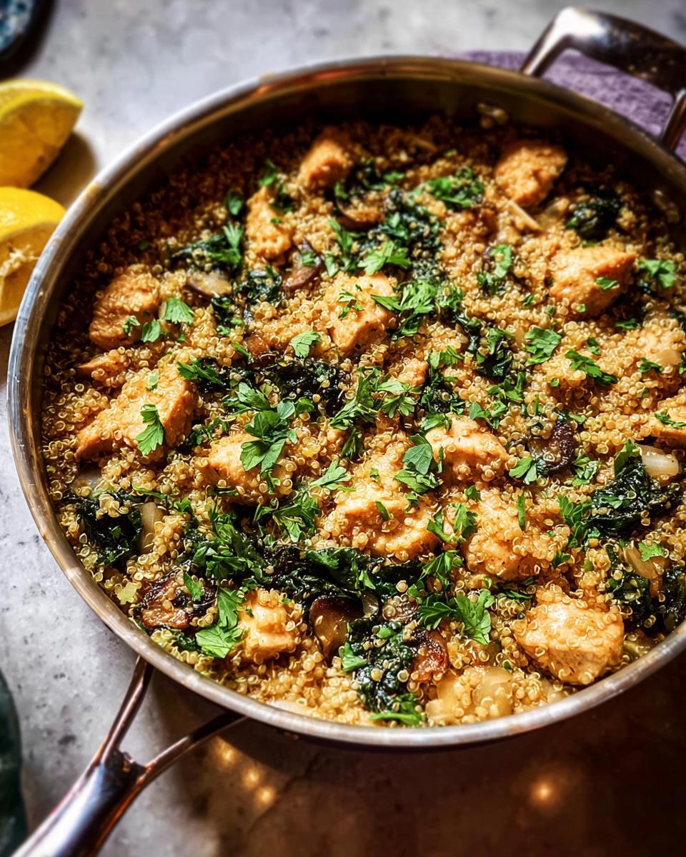 One-pan chicken and quinoa dish with kale and mushrooms, garnished with fresh parsley. A perfect beginner chicken recipe.
