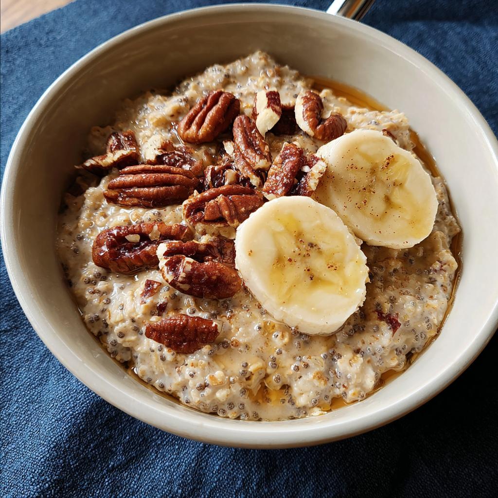 Overnight oats topped with pecans and banana slices, a perfect breakfast idea for busy weeknights.