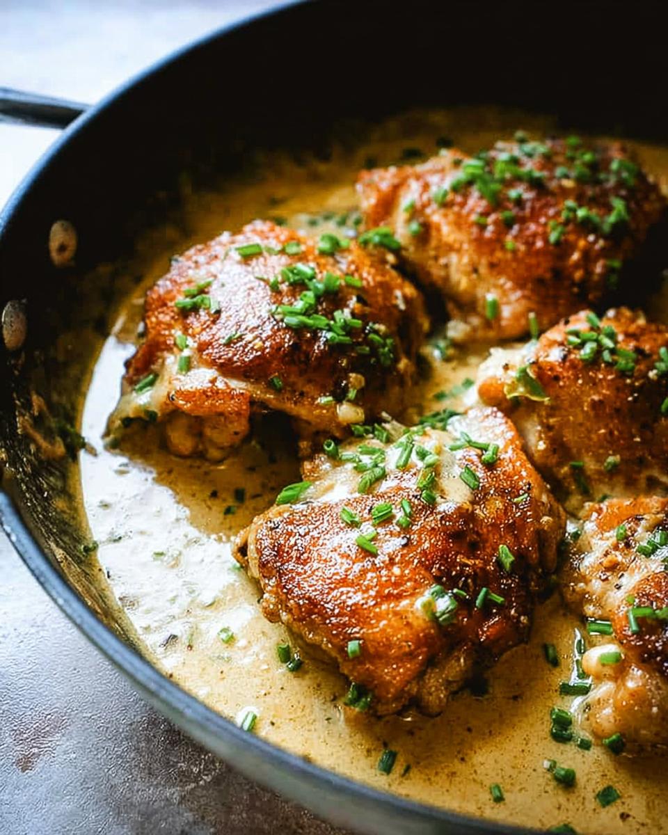 Close-up of golden-brown pan-seared chicken thighs in a creamy sauce, garnished with chopped chives.