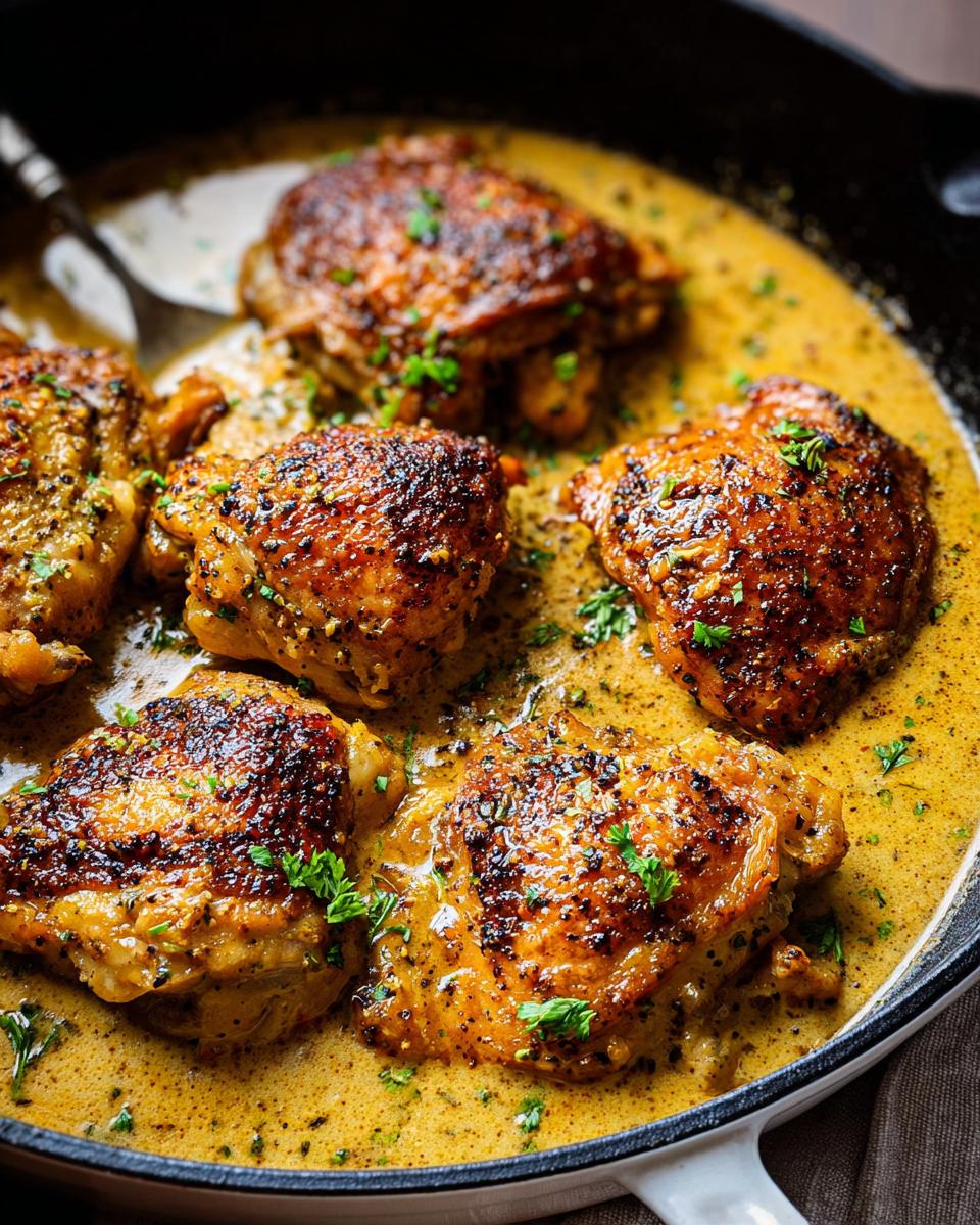 Close-up of pan-seared chicken thighs in a creamy sauce, garnished with parsley. Perfect for 20 minute chicken thigh recipes.