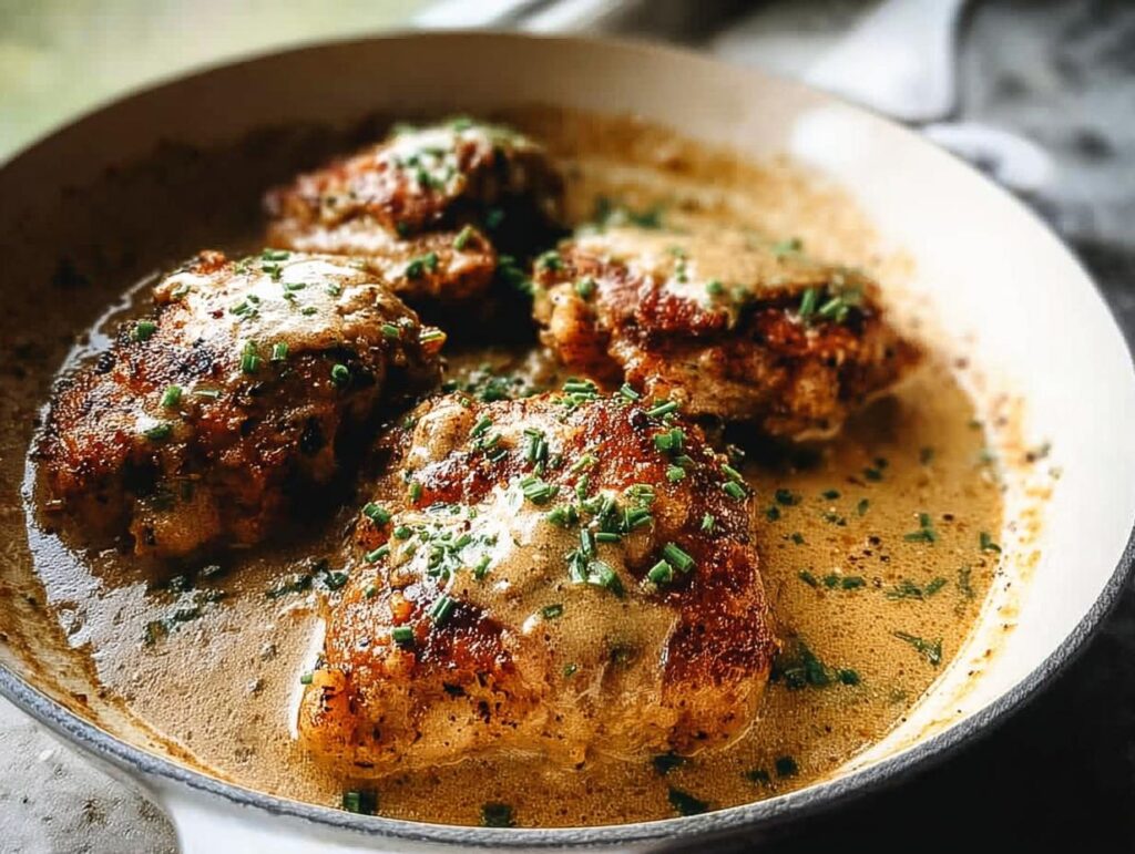 Four pan-seared chicken thighs in a creamy sauce, garnished with fresh chives, a perfect beginner chicken thigh recipe.