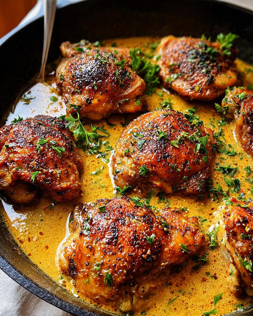 Close-up of pan-seared chicken thighs in a rich sauce, garnished with fresh parsley. Perfect for quick chicken thigh recipes.