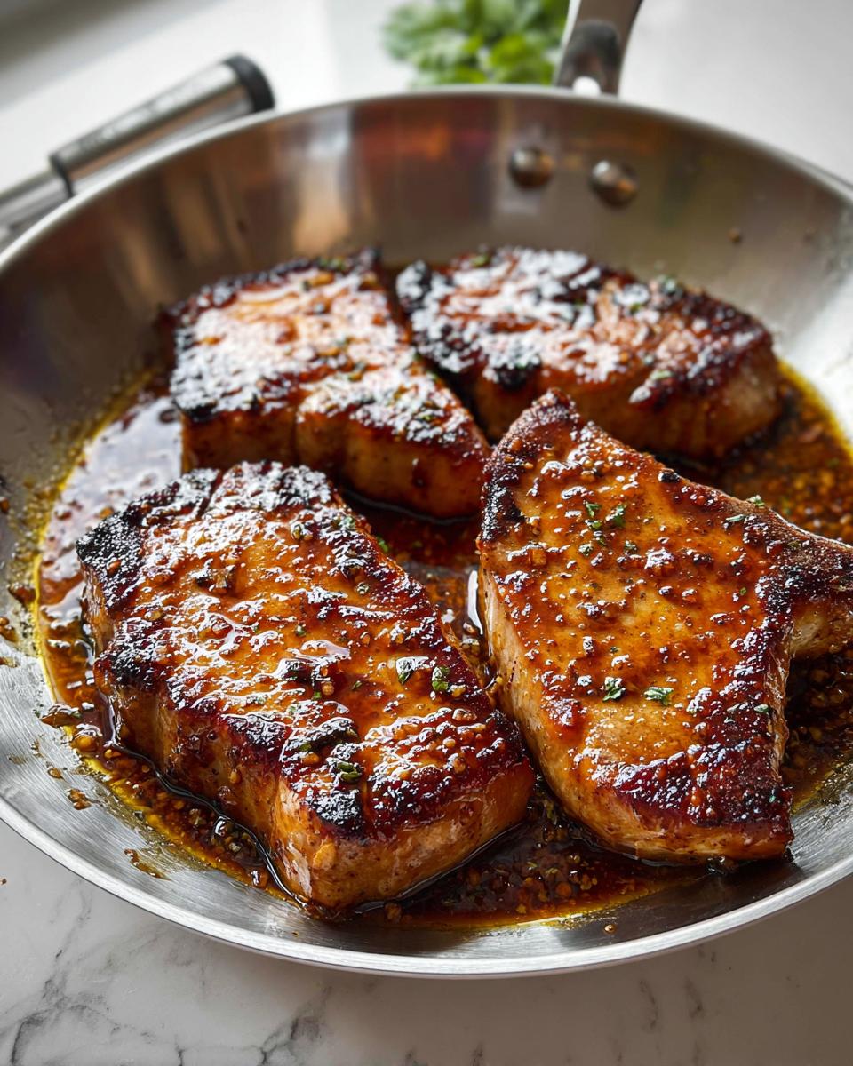 Close-up of juicy pan-seared pork chops in a skillet with a rich glaze, perfect for pork chops recipes meal prep.