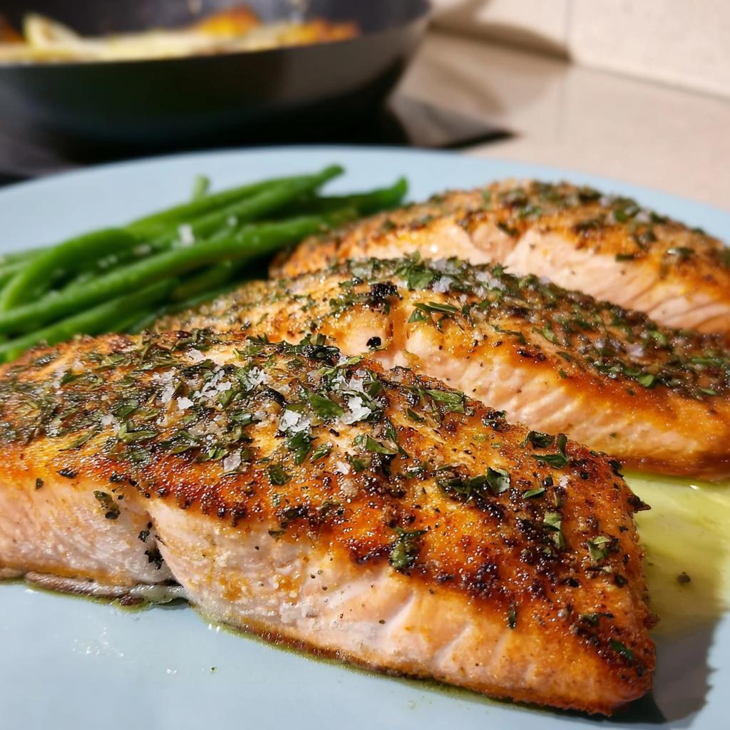 Three perfectly pan-seared salmon fillets seasoned with herbs and salt, served with steamed green beans.