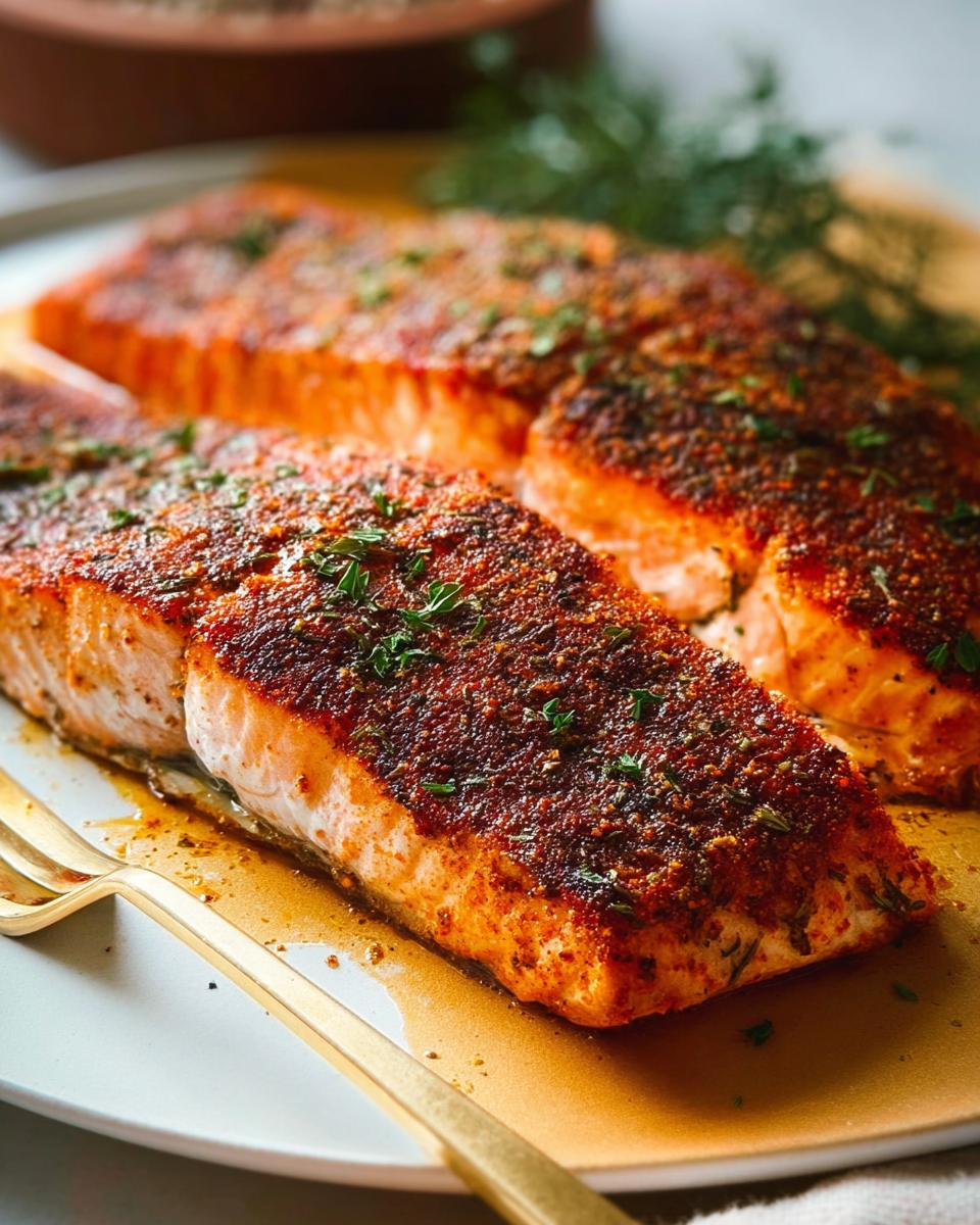 Close-up of perfectly cooked salmon fillets with a seasoned crust, ready to be served.
