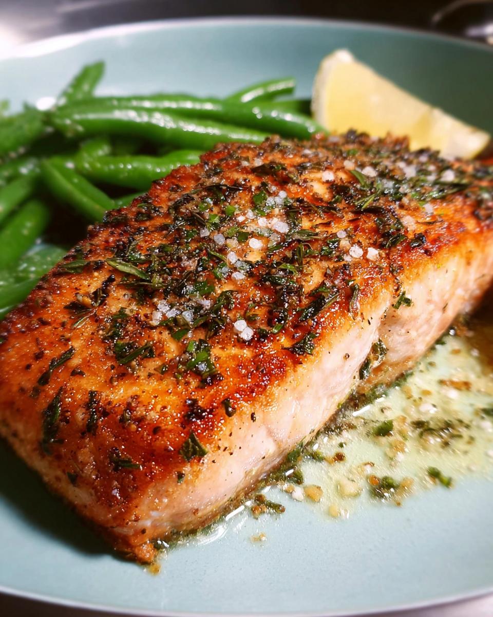 Close-up of a perfectly cooked salmon fillet, seasoned with herbs and sea salt, served with green beans and a lemon wedge.